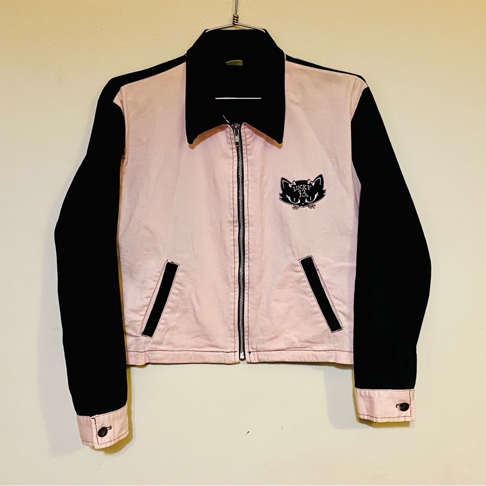 Lucky 13 Size Small Pastel Pink & Black Color block Jacket Rockabilly Greaser